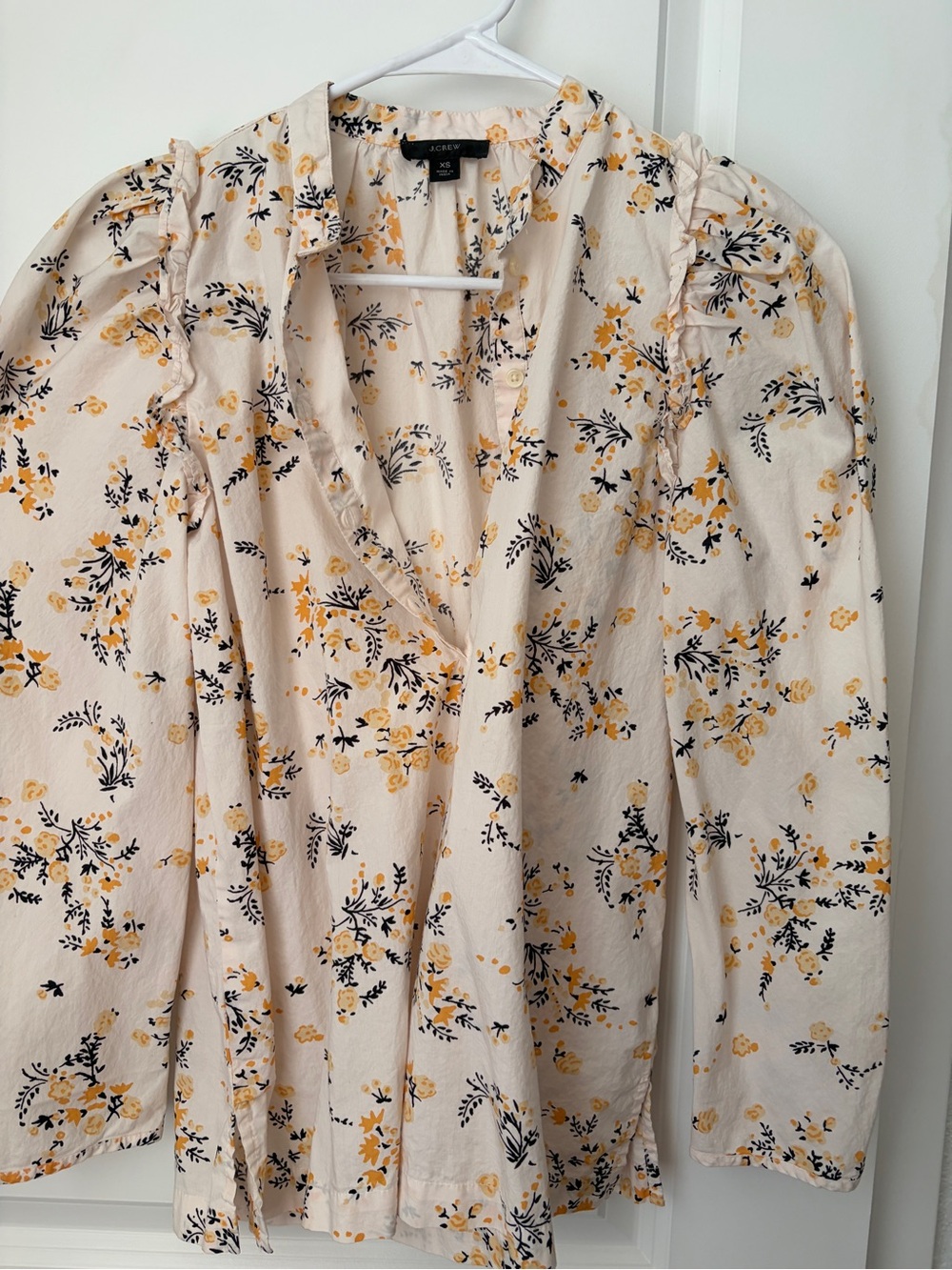 J.Crew Floral Ruffle Popover Blouse Cream Yellow XS